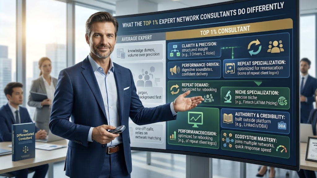 Illustrated businessman showing key attributes of top 1% of expert network consultants